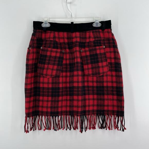 VTG Express Compagnie Skirt 12 Tartan Red Wool* Velvet Fringe Grunge Indie Punk - Picture 2 of 10